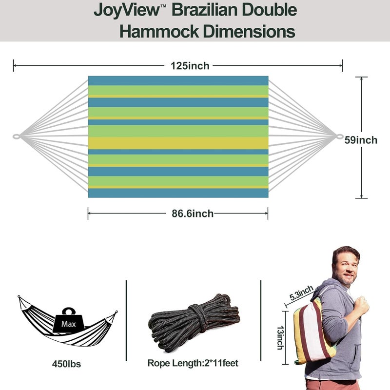 JoyView Brazilian Double Hammock with Hanging Ropes Extra Large 86.6x59” Portable Cotton Hammock for Patio Backyard Porch 450LBS Weight Capacity Perfect for Outdoor/Indoor - Light Green/Yellow Stripe - Image 2